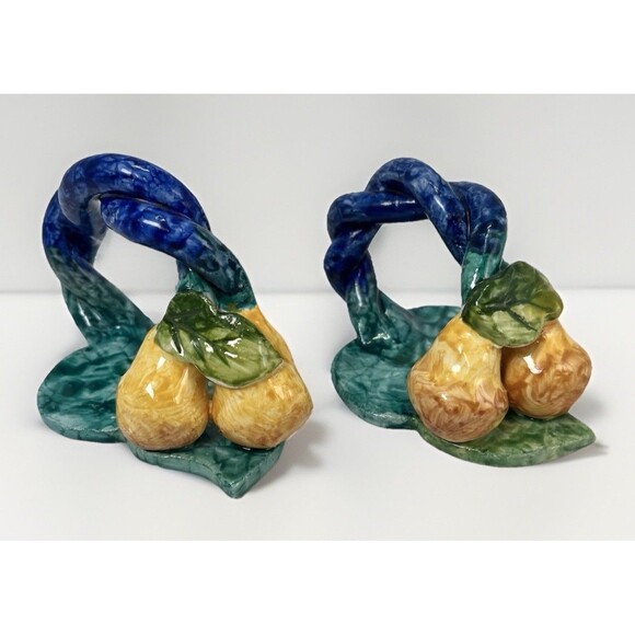Vintage Handcrafted Majolica Pear Napkin Rings Set Of 2 Hand Painted Italy - Picture 2 of 11